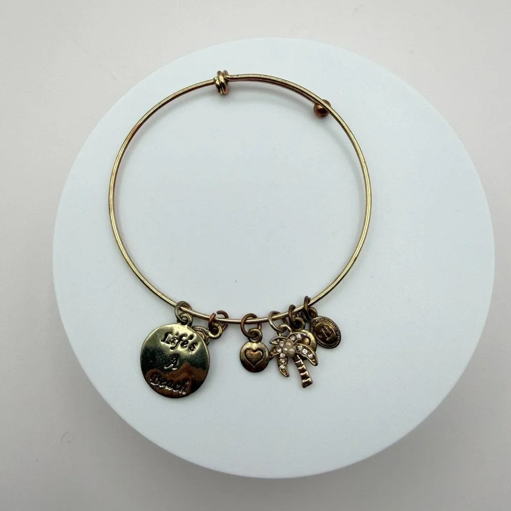 Vintage 90s Gold Tone Bangle Bracelet Palm Tree Heart Life's A Beach Charm Glass